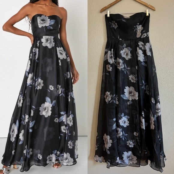 NWOT Regal Status Black Floral Print Strapless Maxi Dress - Picture 1 of 8